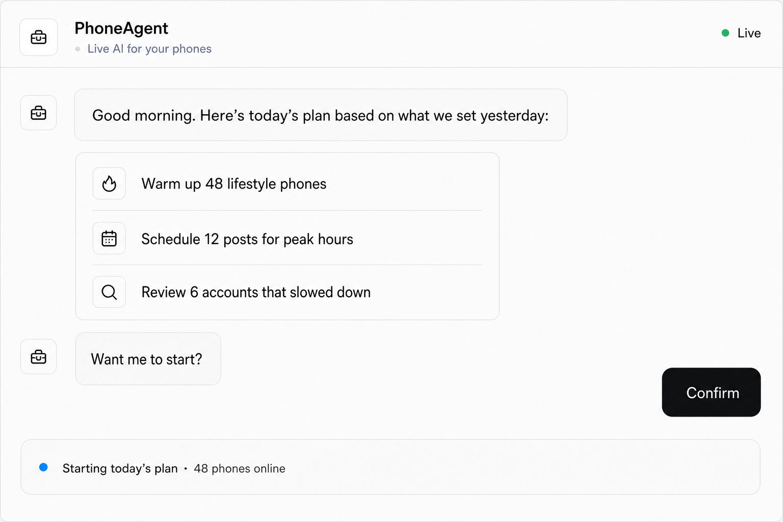 PhoneAgent recalling yesterday's plan, proposing today's work, and waiting for confirmation.