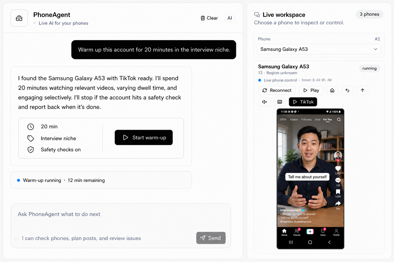 PhoneAgent safely warming an account while controlling a live Android phone.