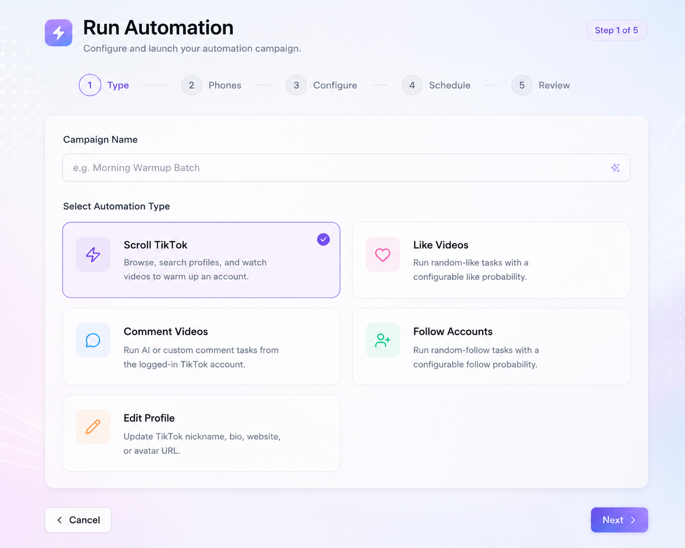Automation campaign setup with task type selection.